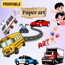A printable 3D paper craft book where kids cut, fold, and assemble their own transportation vehicles while building creativity and motor skills.
