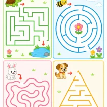 Easy maze worksheets for preschool kids ages 4–5 with colorful animal maze puzzles printable activity