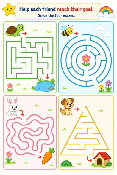 Easy maze worksheets for preschool kids ages 4–5 with colorful animal maze puzzles printable activity