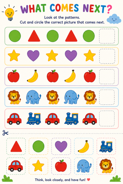 Preschool pattern worksheet printable for kids ages 4 to 6