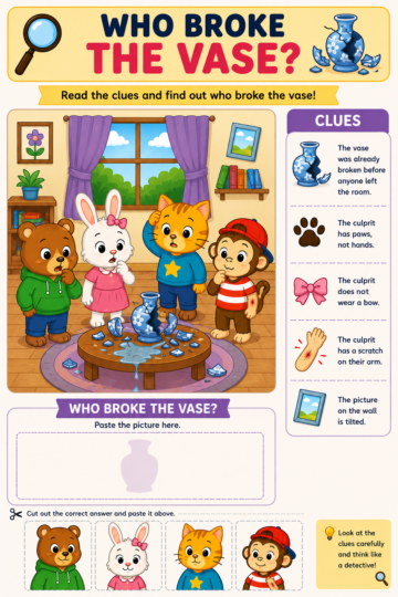 Printable detective thinking activity for kids ages 5 to 7