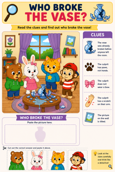 Printable detective thinking activity for kids ages 5 to 7