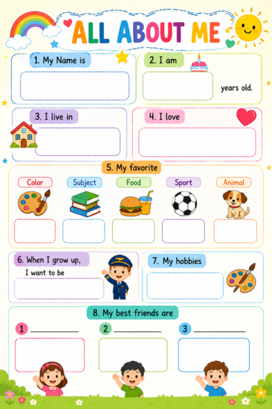 A colorful and engaging All About Me printable worksheet designed for young children to practice self-expression, writing, and communication skills in a fun way.
