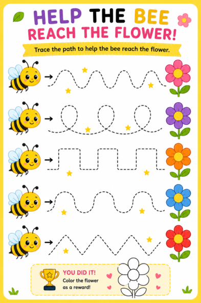 Bee tracing worksheet for preschool fine motor skills practice