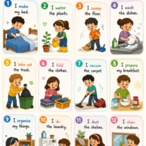 Colorful printable kids chore chart with daily household responsibilities for preschool and elementary children including cleaning, organizing, laundry, and helping at home.