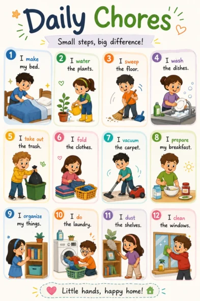 Colorful printable kids chore chart with daily household responsibilities for preschool and elementary children including cleaning, organizing, laundry, and helping at home.