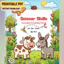 Scissor Skills Preschool Activity Book for Kids Ages 4–7 with fun cut and paste activities, animals, bugs, flowers, and preschool cutting practice exercises.