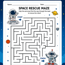 Space Rescue Maze printable activity for kids ages 7 to 9 featuring an astronaut navigating a maze to rescue a robot.