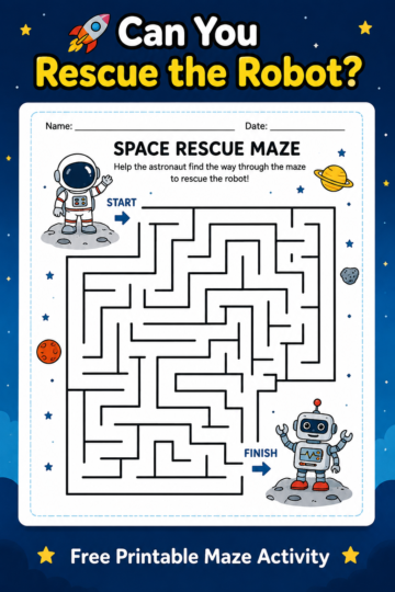 Space Rescue Maze printable activity for kids ages 7 to 9 featuring an astronaut navigating a maze to rescue a robot.