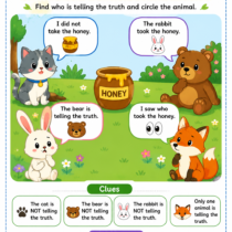 Who Is Telling the Truth printable logic puzzle for kids ages 5 to 7