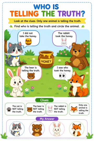 Who Is Telling the Truth printable logic puzzle for kids ages 5 to 7