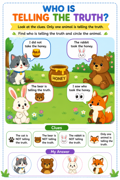 Who Is Telling the Truth printable logic puzzle for kids ages 5 to 7