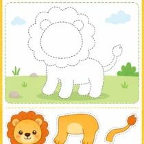 Printable lion craft worksheet for kids with cut and paste pieces to build a lion while practicing fine motor and scissor skills.
