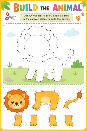 Printable lion craft worksheet for kids with cut and paste pieces to build a lion while practicing fine motor and scissor skills.