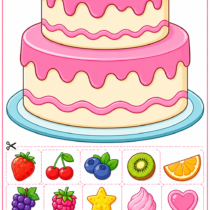 Colorful two-tier cake decorating activity with fruit and sweet decorations for children to cut and paste onto the cake.
