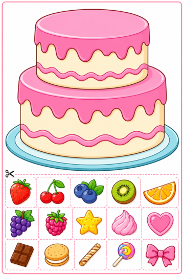 Colorful two-tier cake decorating activity with fruit and sweet decorations for children to cut and paste onto the cake.