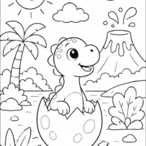 Cute baby dinosaur coloring page printable featuring a dinosaur hatching from an egg in a prehistoric landscape.