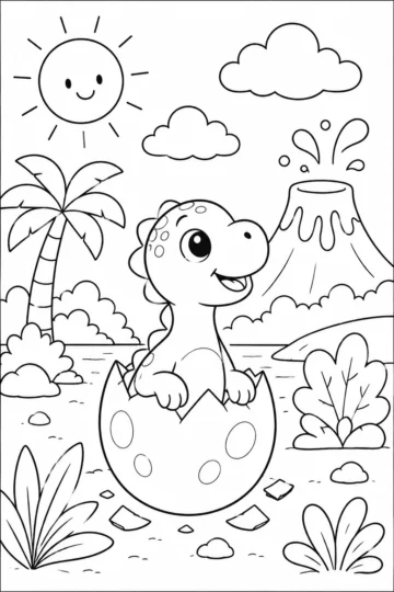 Cute baby dinosaur coloring page printable featuring a dinosaur hatching from an egg in a prehistoric landscape.