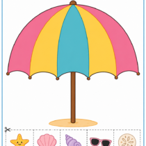 Colorful beach umbrella decorating activity where children cut and paste summer-themed decorations onto a large beach umbrella.