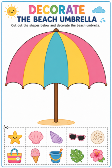 Colorful beach umbrella decorating activity where children cut and paste summer-themed decorations onto a large beach umbrella.