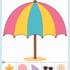 Colorful beach umbrella decorating activity where children cut and paste summer-themed decorations onto a large beach umbrella.