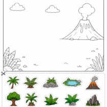 Dinosaur habitat cut and paste activity where children decorate a prehistoric landscape using plants, rocks, ponds, volcanoes, and nature elements.