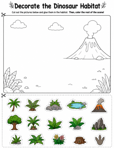 Dinosaur habitat cut and paste activity where children decorate a prehistoric landscape using plants, rocks, ponds, volcanoes, and nature elements.