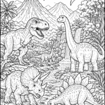 Detailed dinosaur coloring page featuring T-Rex, Triceratops, Stegosaurus, Brachiosaurus, volcano, waterfall, and prehistoric jungle scenery.