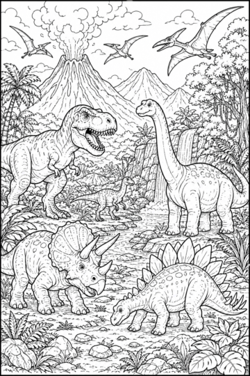 Detailed dinosaur coloring page featuring T-Rex, Triceratops, Stegosaurus, Brachiosaurus, volcano, waterfall, and prehistoric jungle scenery.