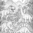 Detailed dinosaur coloring page featuring T-Rex, Triceratops, Stegosaurus, Brachiosaurus, volcano, waterfall, and prehistoric jungle scenery.