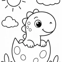 Easy baby dinosaur coloring page for ages 3–5 featuring a cute dinosaur hatching from an egg with large coloring spaces and bold outlines.