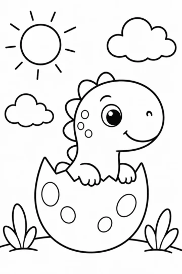 Easy baby dinosaur coloring page for ages 3–5 featuring a cute dinosaur hatching from an egg with large coloring spaces and bold outlines.