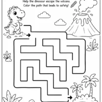 Printable dinosaur maze worksheet where children help a dinosaur escape from a volcano by coloring the correct path.