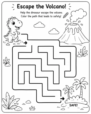Printable dinosaur maze worksheet where children help a dinosaur escape from a volcano by coloring the correct path.