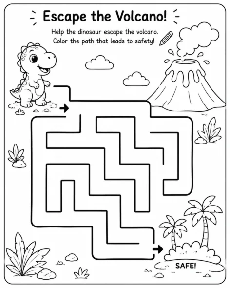 Printable dinosaur maze worksheet where children help a dinosaur escape from a volcano by coloring the correct path.