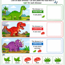 Colorful dinosaur food matching worksheet where children match the correct food to herbivore, carnivore, and omnivore dinosaurs.