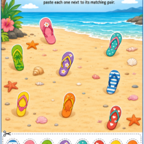 Summer beach matching activity where children match flip flops by finding the correct pair and pasting the missing sandal next to its match.