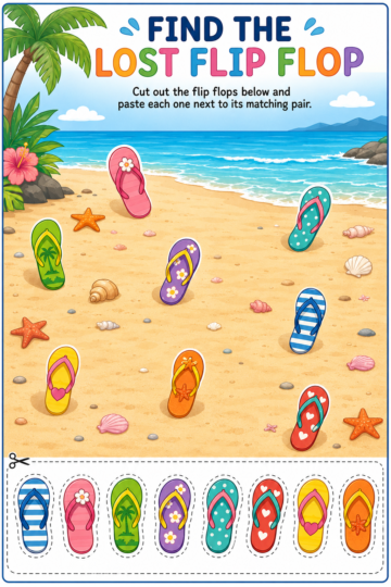 Summer beach matching activity where children match flip flops by finding the correct pair and pasting the missing sandal next to its match.