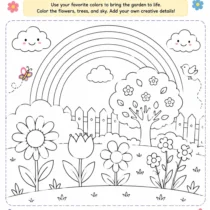 Printable rainbow garden activity for kids featuring flowers, trees, and a rainbow to color and decorate creatively.