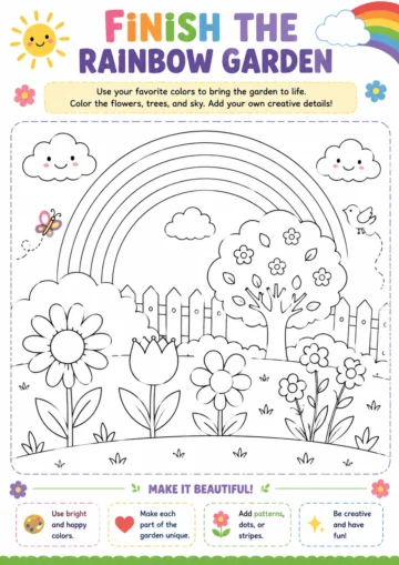 Printable rainbow garden activity for kids featuring flowers, trees, and a rainbow to color and decorate creatively.