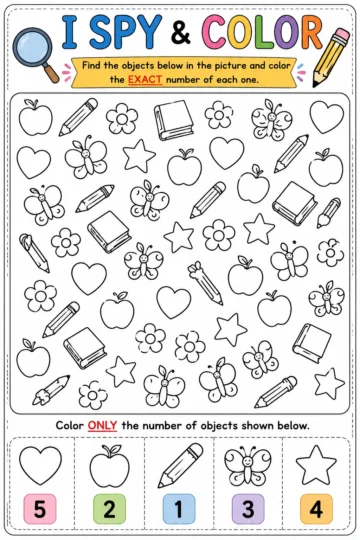 Printable I Spy & Color worksheet for kids ages 4-6 designed to improve visual scanning, observation, attention, and focus skills.