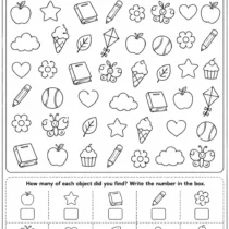 Printable I Spy and Count worksheet featuring hidden objects for children to find, color, count, and record totals.