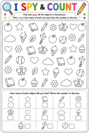 Printable I Spy and Count worksheet featuring hidden objects for children to find, color, count, and record totals.