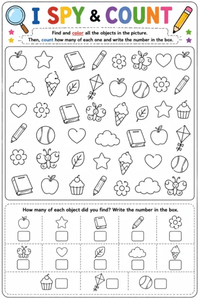 Printable I Spy and Count worksheet featuring hidden objects for children to find, color, count, and record totals.