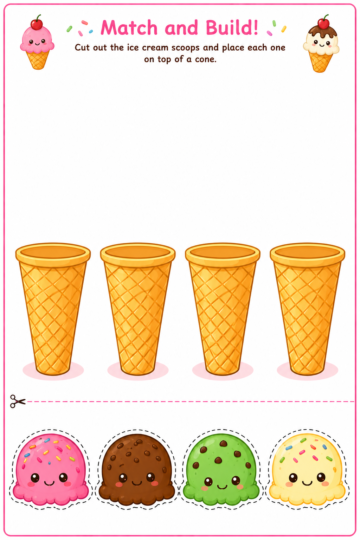 Colorful ice cream cut and paste activity with four ice cream scoops and four waffle cones for children to build and match.