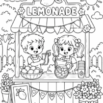 Summer lemonade stand coloring page featuring two children serving lemonade at a decorated outdoor stand with flowers, lemons, and festive banners.