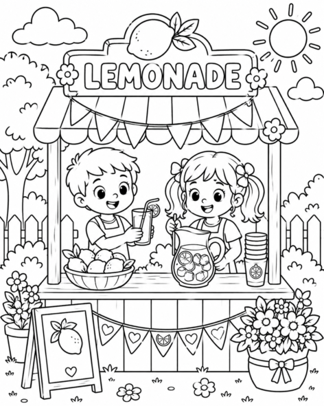 Summer lemonade stand coloring page featuring two children serving lemonade at a decorated outdoor stand with flowers, lemons, and festive banners.