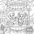Summer lemonade stand coloring page featuring two children serving lemonade at a decorated outdoor stand with flowers, lemons, and festive banners.