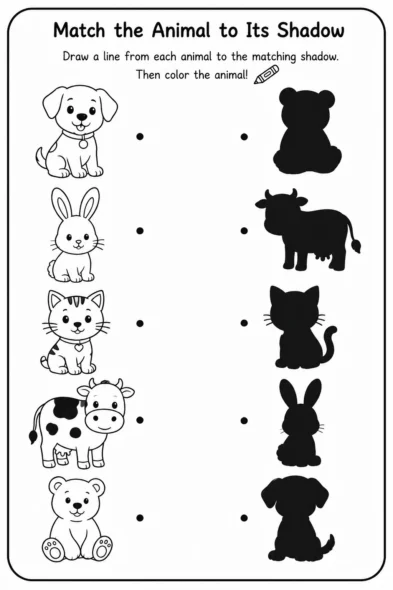 Preschool shadow matching worksheet featuring dog, cat, rabbit, cow, and bear animals with matching shadows.