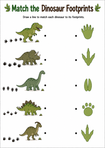 Dinosaur footprint matching activity where children connect each dinosaur to the correct footprint by observing the tracks left behind.